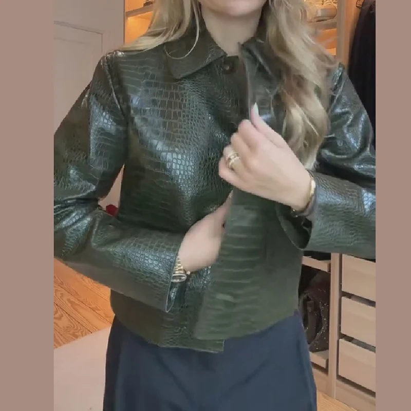 Vintage Croc Embossed Faux Leather Cropped Jacket For Women Lapel Collar Button Front Long Sleeve Casual Streetwear Outer Coat