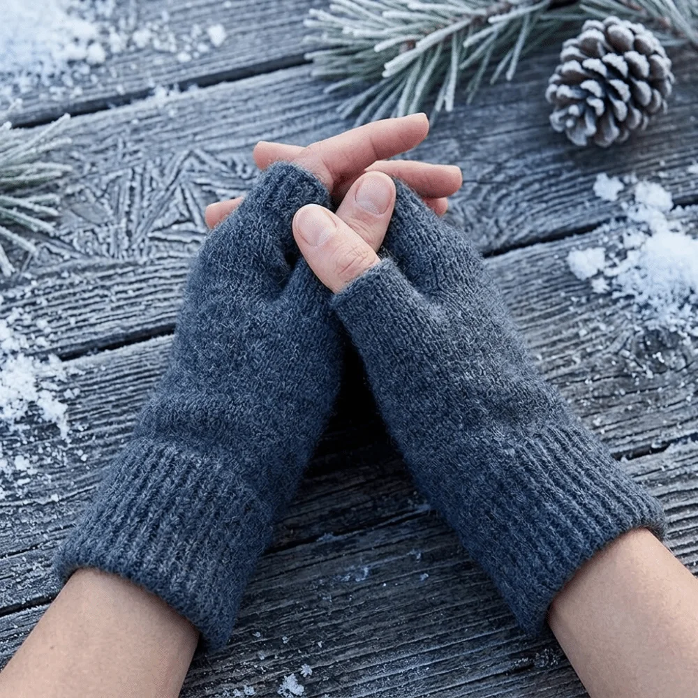 Lovely Solid Color Knitted Gloves Soft Wool Half Finger Gloves Warm Thermal Plush Mittens Writing