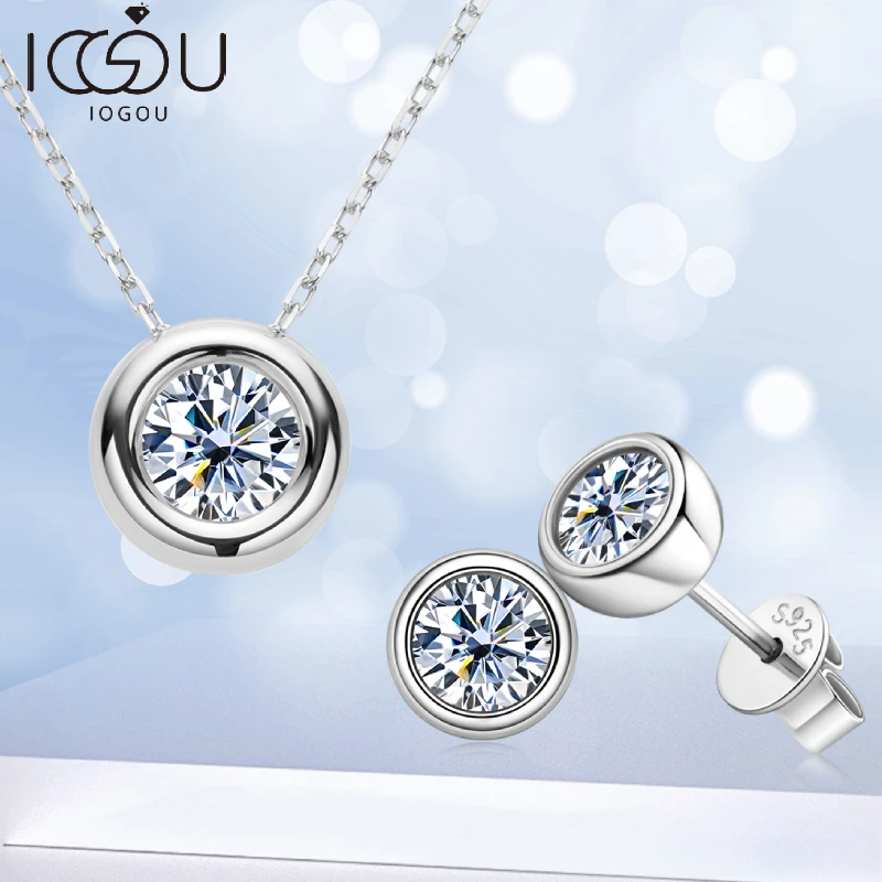 

IOGOU Real Silver 925 Jewelry Sets Certified 6.5mm 1.0ct D Color Moissanite Pendant Neclaces & Stud Earrings for Women Men Gifts