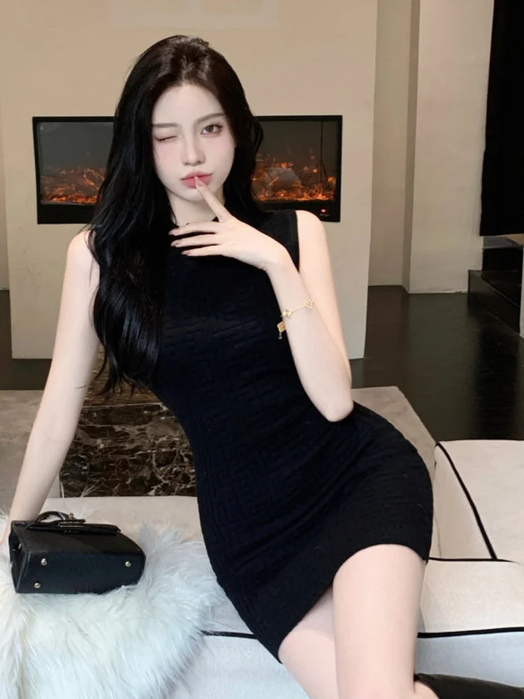 Sexy Bodycon Dress Women's High Waist Knitted Summer New Style Small Size Slimming Elegant Korean Style Pure Color Dress