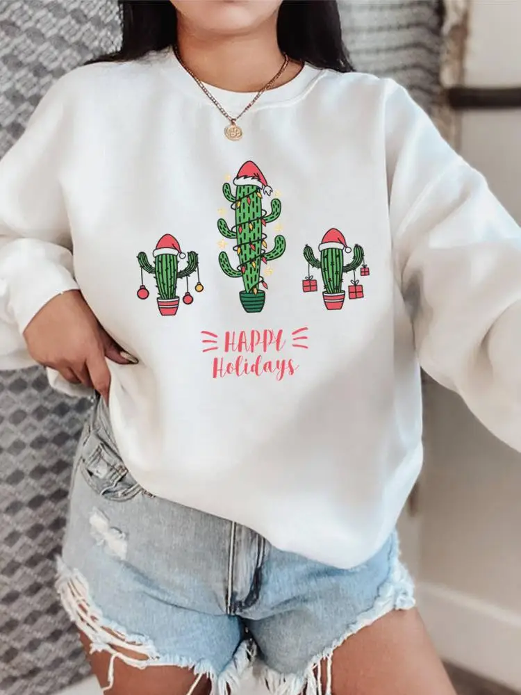 

Christmas Holiday New Year Pullovers O-neck Fashion Clothing Cactus Plant Trend Cute 90s Women Female Graphic Sweatshirts