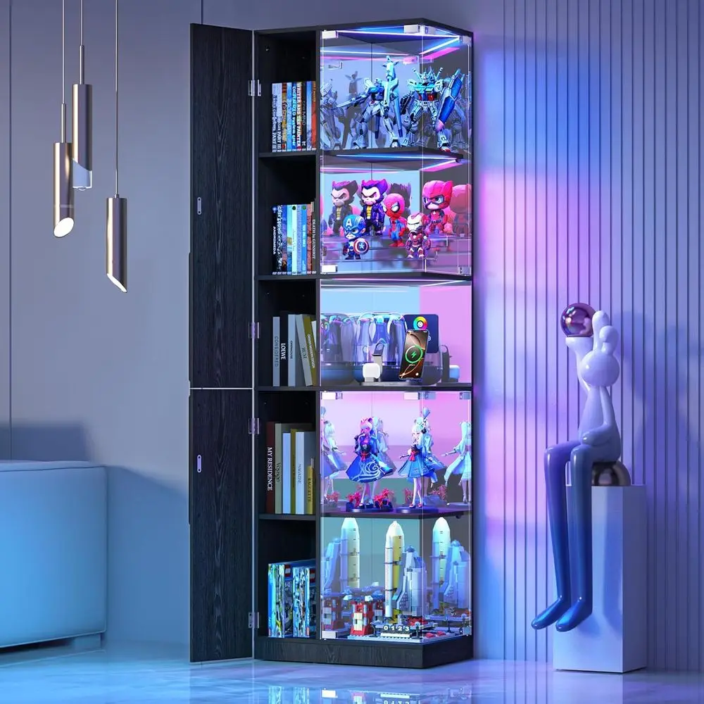 5-Tier RGB-Lit Glass Curio Cabinet with Adjustable Shelves, Human Sensor, Charging Station & Mirror Backing
