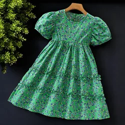Kids Girls Dresses Short Sleeve Summer Costumes Teenagers Green Floral Print Maxi Dress Baby Children Clothing 6 8 9 10 12 Years
