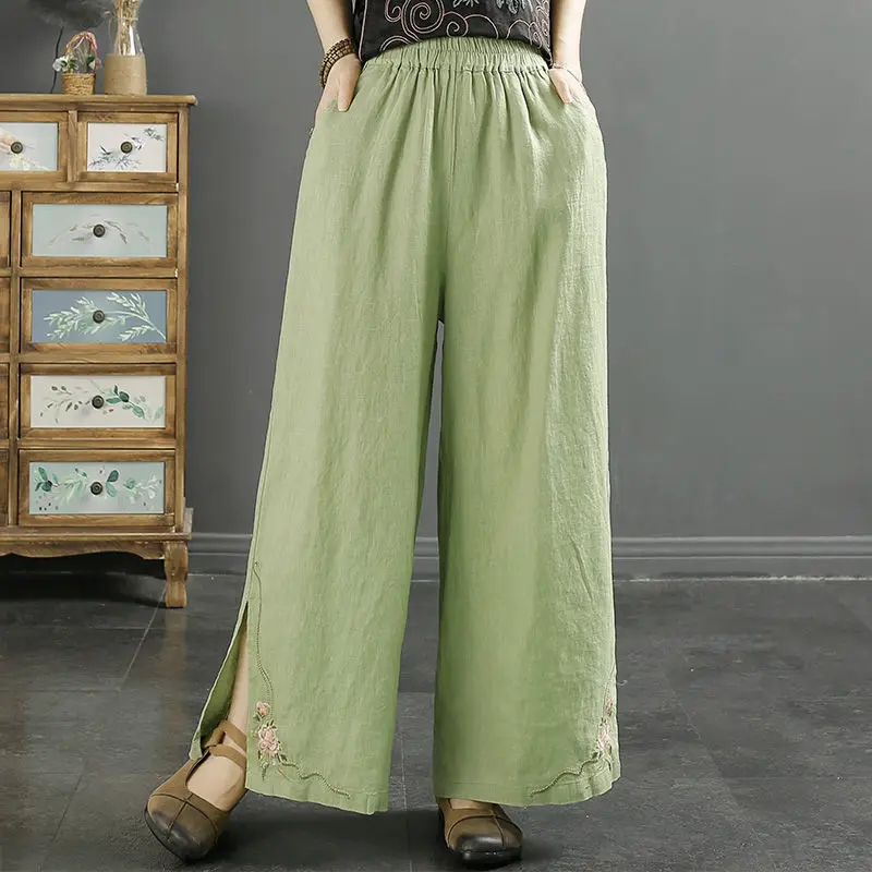 

Summer Simplicity Embroidered Solid Color Elastic Waist Wide Leg Pants Ladies Prairie Chic Pocket High Waist Loose Flax Trousers