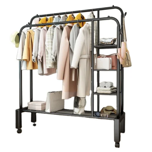 

Home Metal Organizer Move Freely Double Rod Portable Clothing Hanging Garment Rack with Commodity Shelf and Wheel