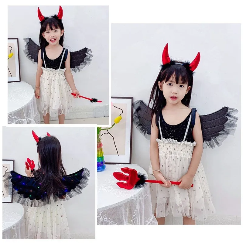 

Детский комплект с крыльями дьявола на Хэллоуин k Me, реквизит ангела, полуюбка, светящаяся сценическая одежда для выступлений, кружевные крылья дьявола