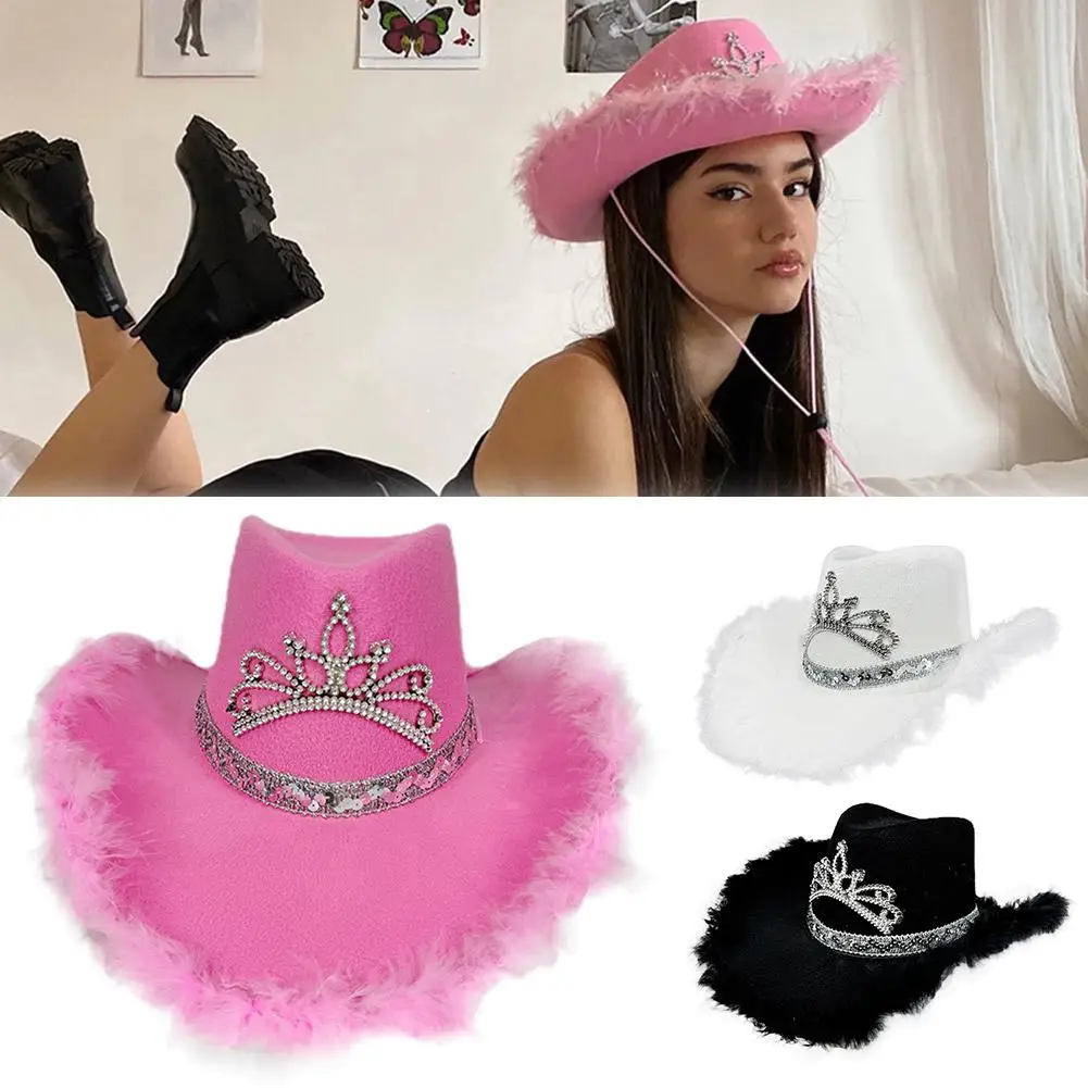 Wide Brim Pink Fur Brim Cowboy Hats Cowgirl Party Carnival Western Hats Stylish Glitter Crown Sequin Feather Caps For Women O2B2