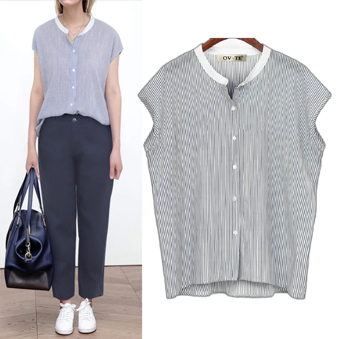 ملابس صيفية فضفاضة مخططة للنساء مقاس كبير وياقة واقفة وزر واحد، ملابس عصرية بالإضافة إلى مم