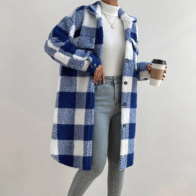 

New Single Breasted Trendy Coat Fashion Long Jacket Autumn Winter Women's Clothing Long Sleeve Woolen Ladies Plaid Overcoat Coat