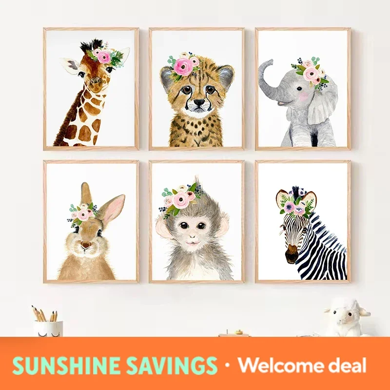 Peinture Diamant 2026 : Affiche Murale Safari Animaux de la Jungle (Lion, Éléphant, Girafe) en Aquarelle Florale – Décoration Murale pour Maison et Crèche