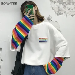 T-shirt a maniche lunghe Donna Ulzzang Falso in due pezzi Dolce arcobaleno a righe Donna Harajuku Chic Patchwork Bianco Morbido Lady Top