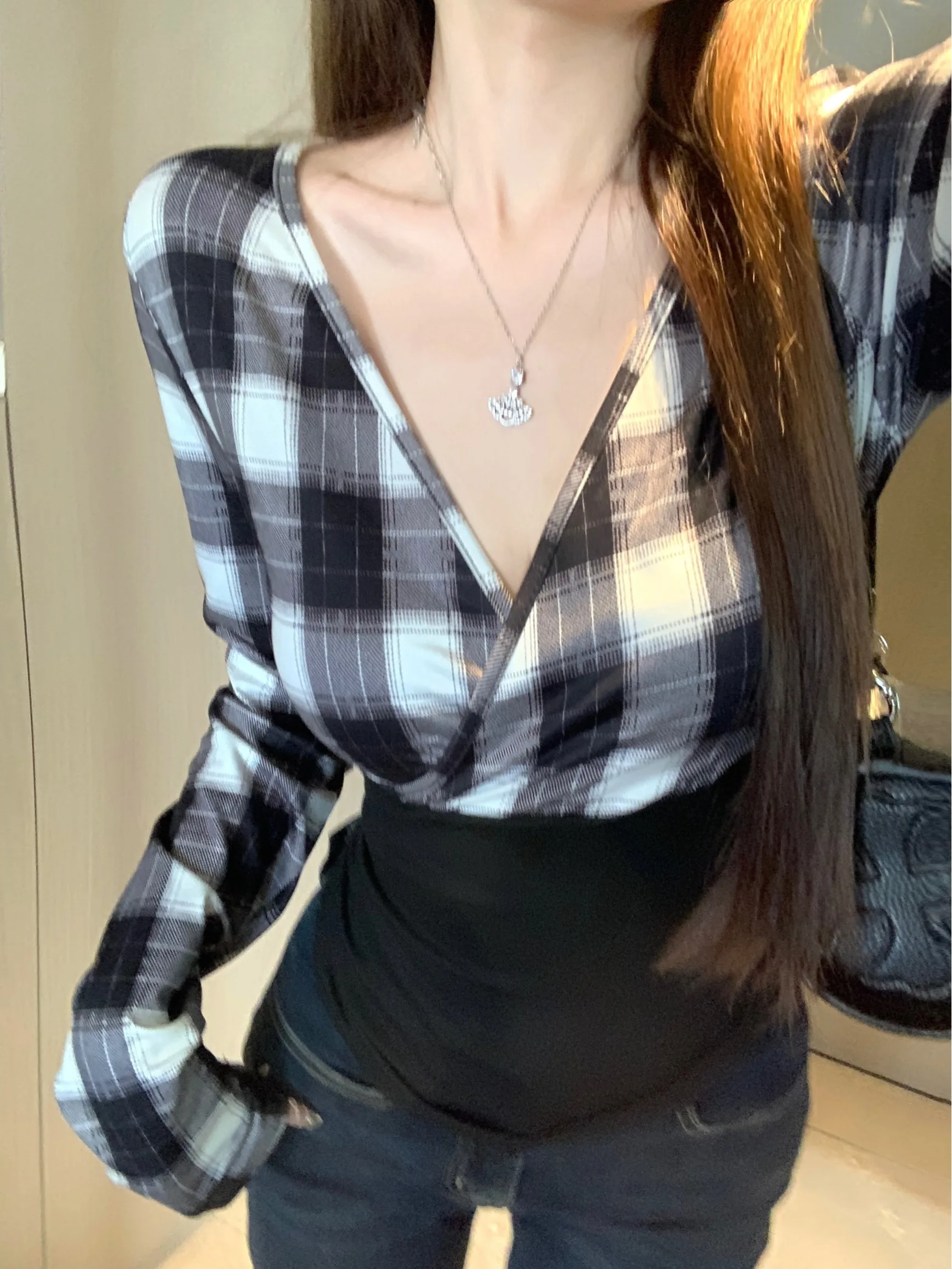 

plus Size Women's Pure Desire Plaid Splice V-Ne Top Autumn Winter Slim Fit Irregular Base irt Korean Sle Commute Wind