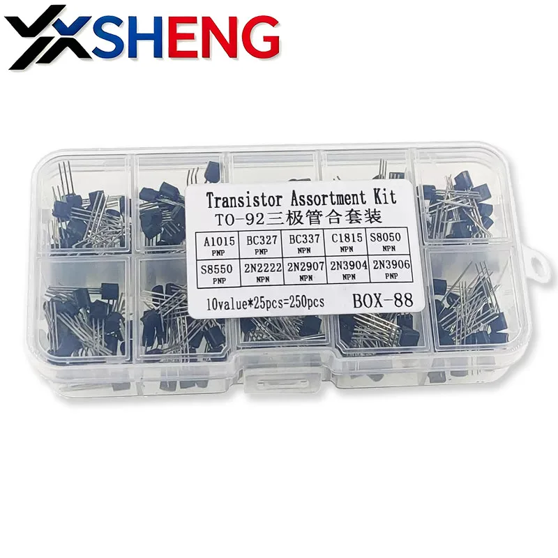 250PCS Transistor Assortment KIT 10Value x 25pcs A1015 BC327 BC337 C1815 S8050 S8550 2N2222 2N2907 2N3904 2N3906 Transistors Box