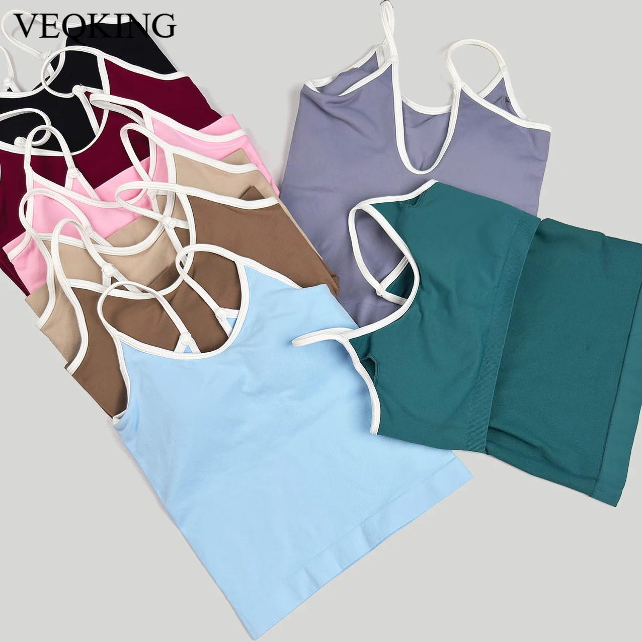 

VEQKING Ignite Color Contrast Cami Tops for Women Seamless Yoga Vest Elastic Sports Crop Tops Detachable Pads Low U Back Gym Bra