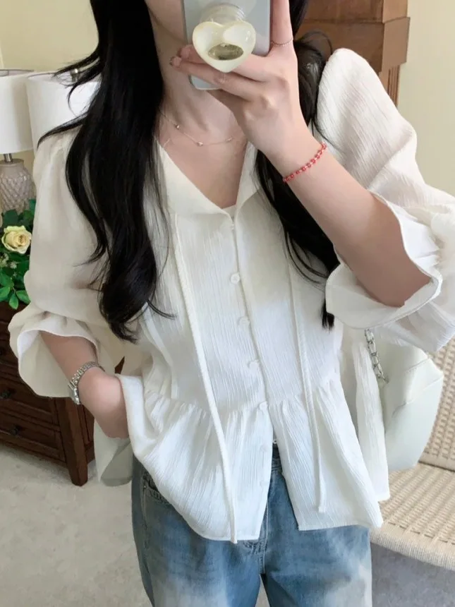 

Свободная женская блузка с кружевной отделкой, поясом и рукавами-колокол, шикарный и милый топ в корейском стиле, с длинными рукавами, V-образным вырезом, весенняя мода