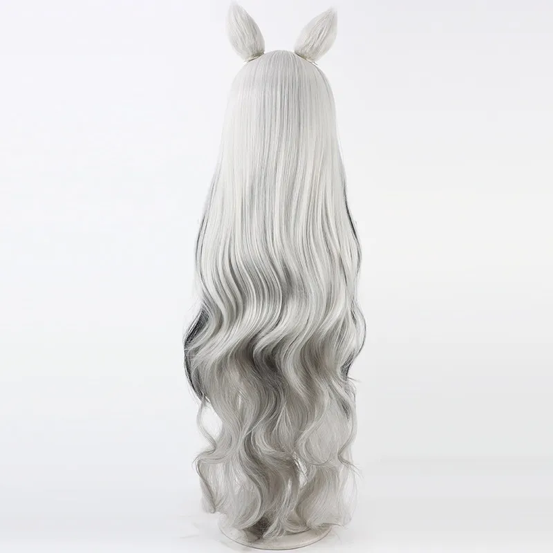 Game Arknights Pramanix Cosplay Wig Silver White Ombre Long Cosplay Wig With Detachable Ears For Comicon Party Adult Women Men