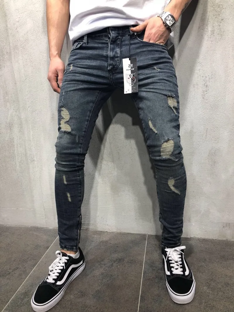 New European and American Distressed Jeans, Men's Trendy Beggar Men's Jeans, Slim Fit Elastic Foreign Trade Denim Pants