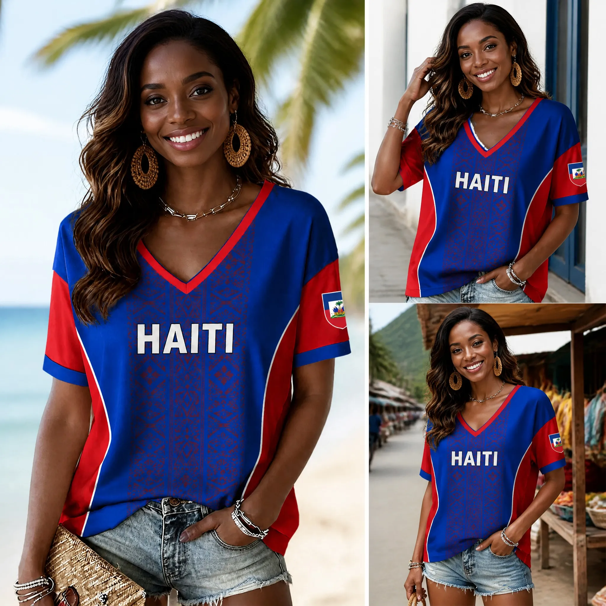 T-shirt décontracté à col en V et manches courtes pour femme, style tribal haïtien, coupe ample, idéal pour la plage, les vacances d'été, ou comme haut de villégiature, en tissu doux et léger.