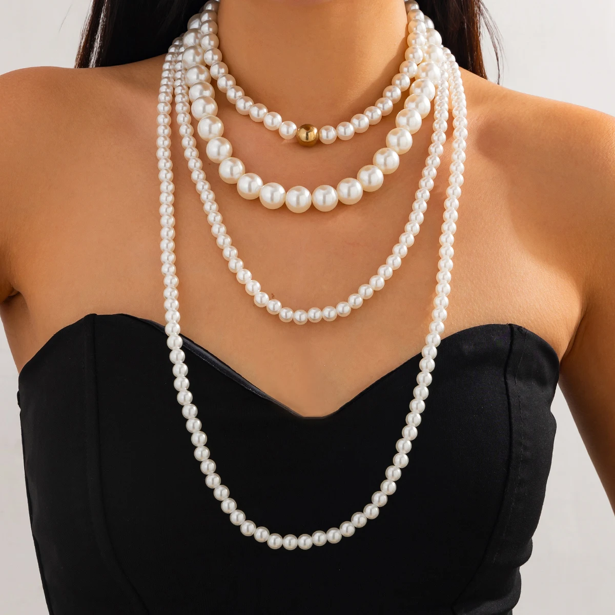 

SHIXIN 4 Pcs/Set Elegant Smooth Imitation Pearl Long Necklace for Women Temperament Adjustable Collar Chain Wedding Jewelry Neck