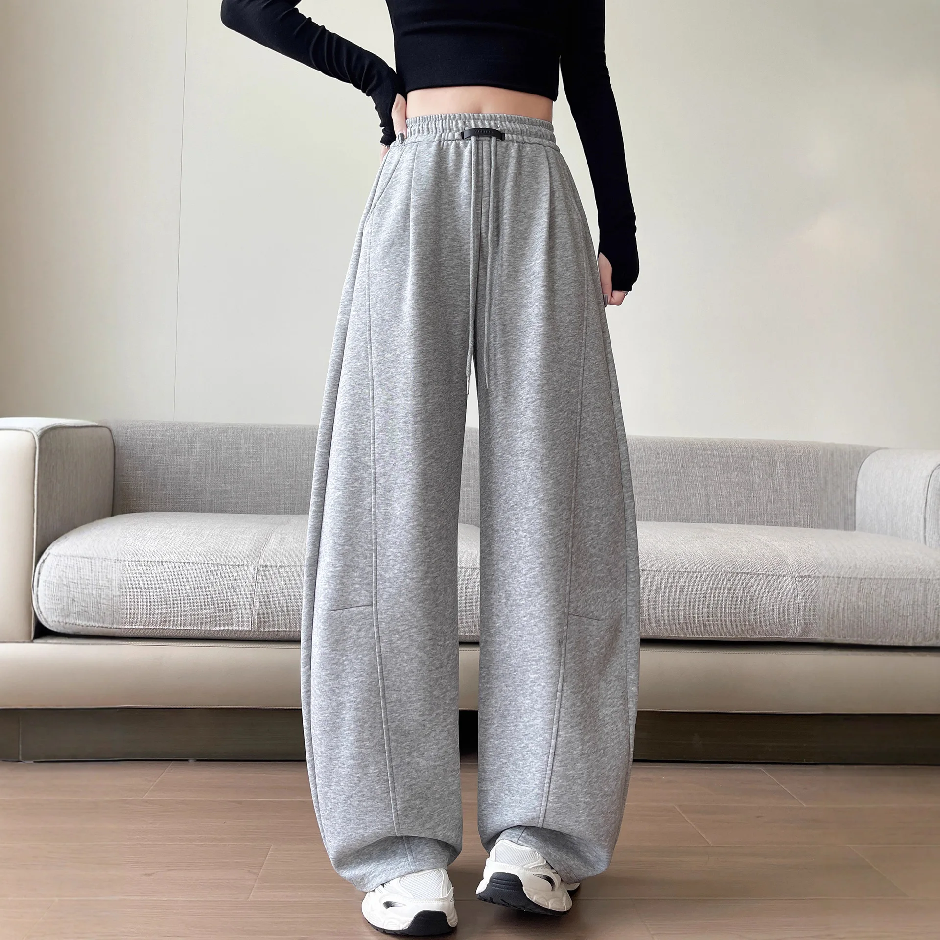 Gray sweatpants women's 2025 new autumn loose straight casual sweatpants small narrow scimitar wide-leg pants