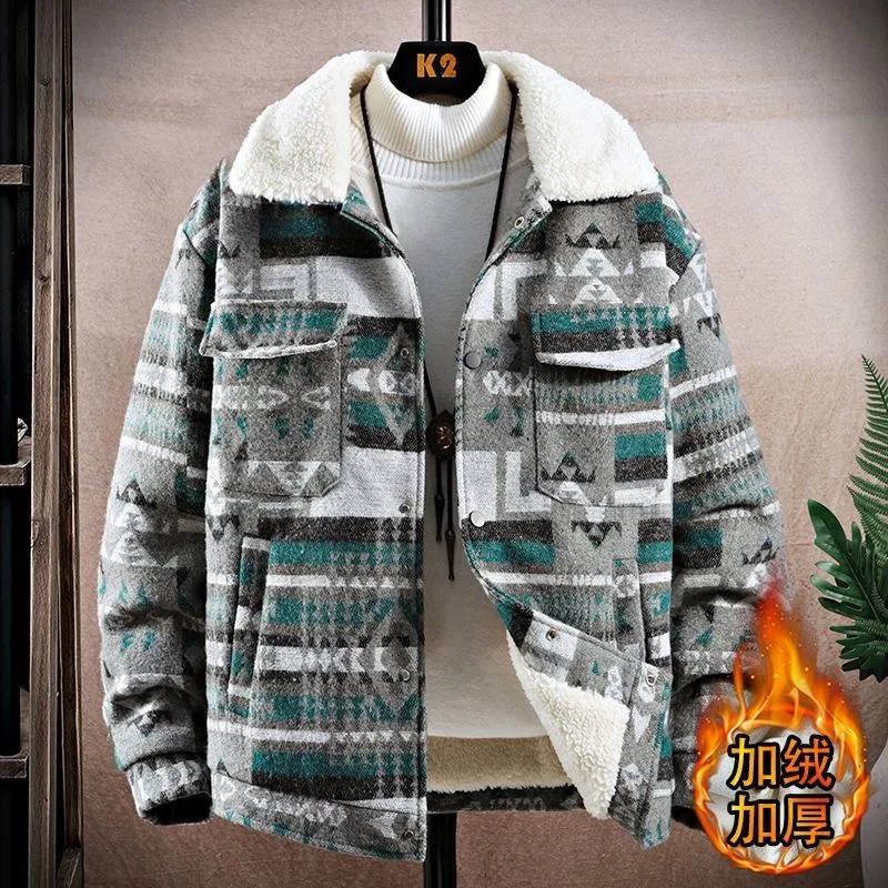 2024 Autumn/Winter Fashion Trend Printed and Fleece Thickened Warm Jacket Men's Casual Loose Sports Large Size High-end Coat 3XL
