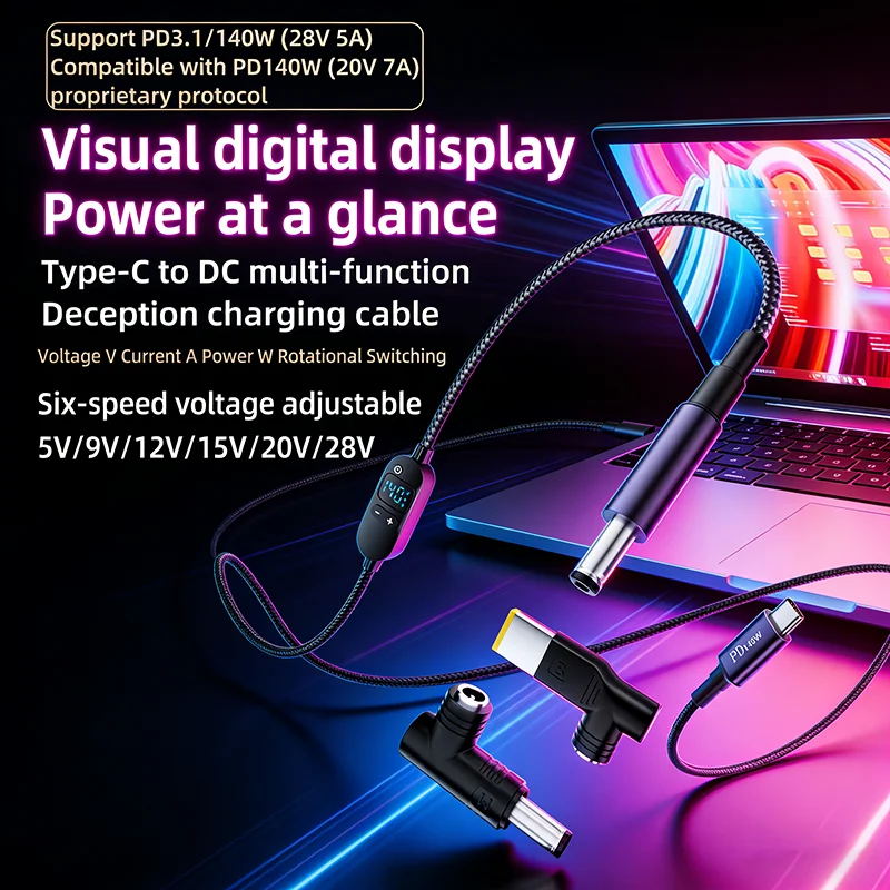 

140W USB-C to DC Power Cable with Digital Display Type C to 5V 9V 12V 15V 20V 28V Adjustable Voltage Adapter Connector Cable