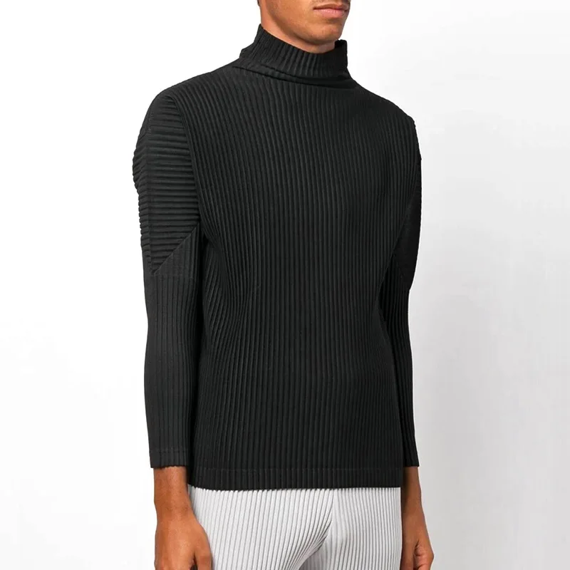 TOP QUALITY ISSEYS MIYAKES Pleated Basic High Neck Long Sleeve Loose Casual Solid Color Bottom Shirt Tops for Men
