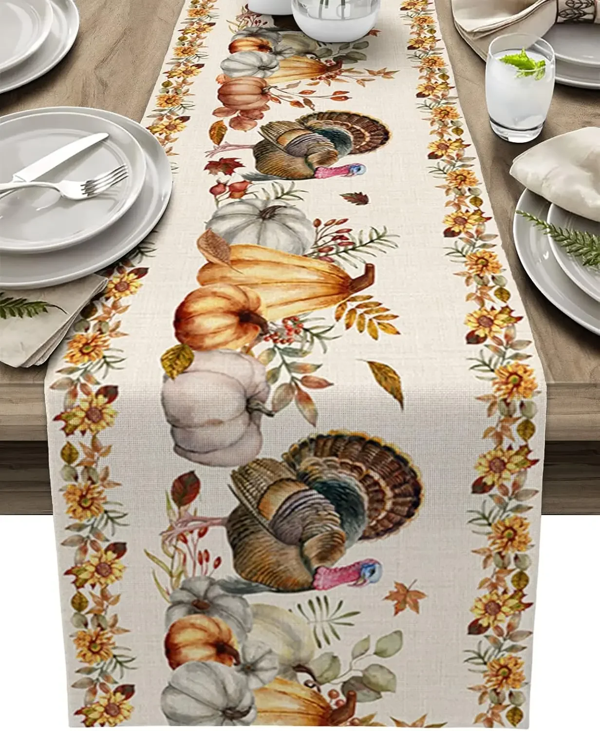 Thanksgiving Turkey Linen Table Runner Fall Pumpkin Maple Leaf Sunflower Table Runners Holiday Party Kitchen Dining Table Decor