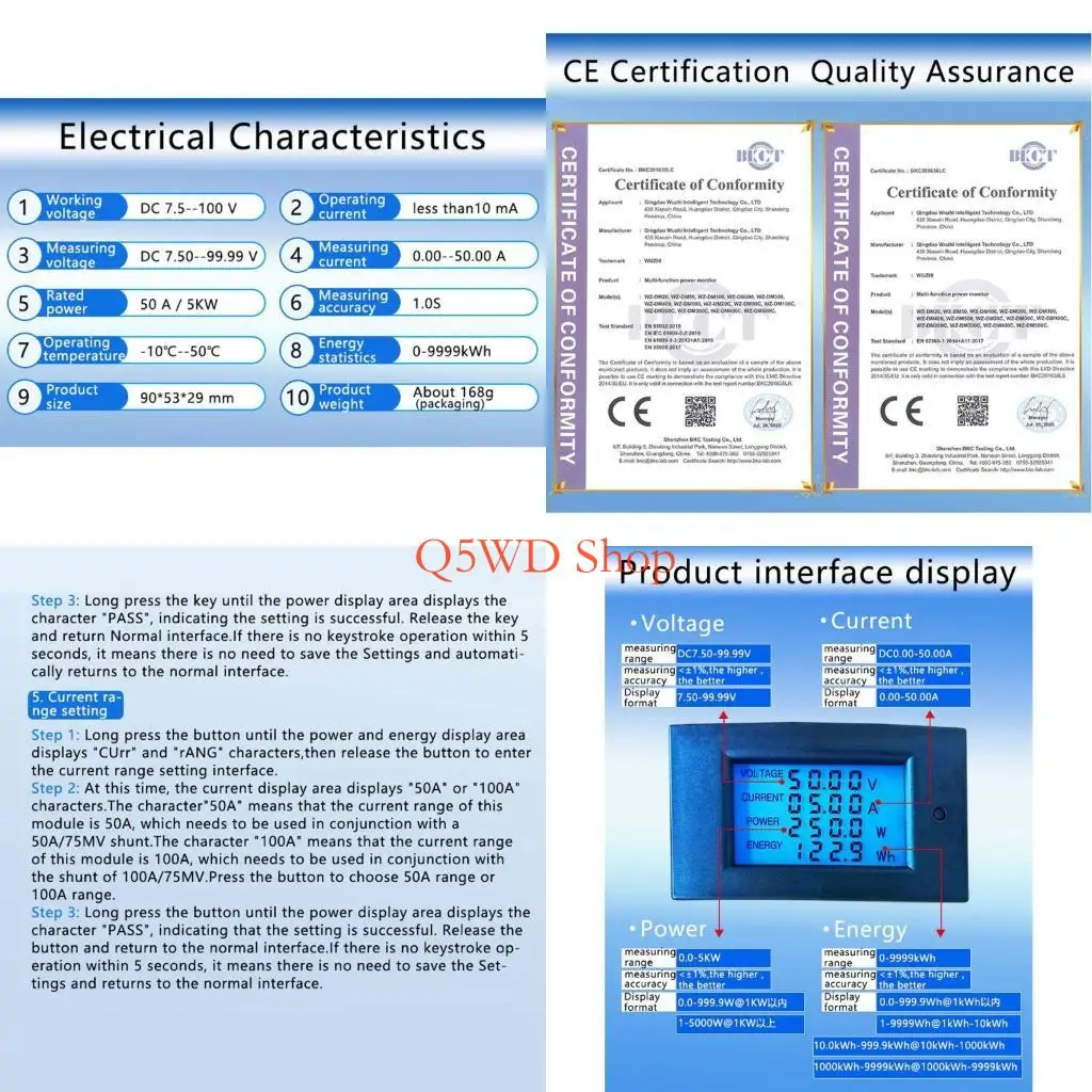 

Q5WD 50A 5KW Цифровой ваттметр Monitor Monitor Energy Energy Вольтметер Solar Montir