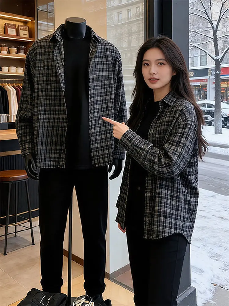 Cleanfit Black Plaid Long Sleeve Shirt Men's Casual Style Couple Outerwear Loose Fit Youth Popular Breathable All Seasons
