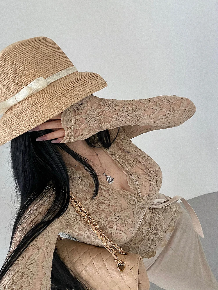 Sexy V-neck Lace Shirt Hollow out Belted Waist Slim Long Sleeve T-shirt Young Girl Day Pure Desire Atmosphere Chinese Women's...