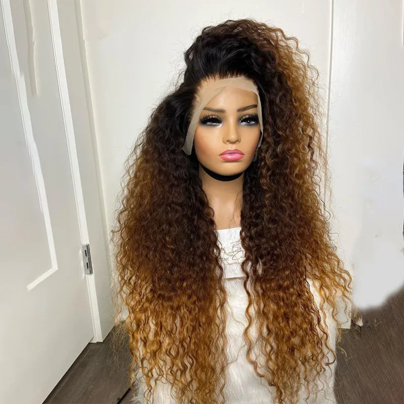 

Soft 26Inch Ombre blonde Kinky Curly 180Density Lace Front Wig For Black Women Babyhair Preplucked Heat Resistant Glueless Daily