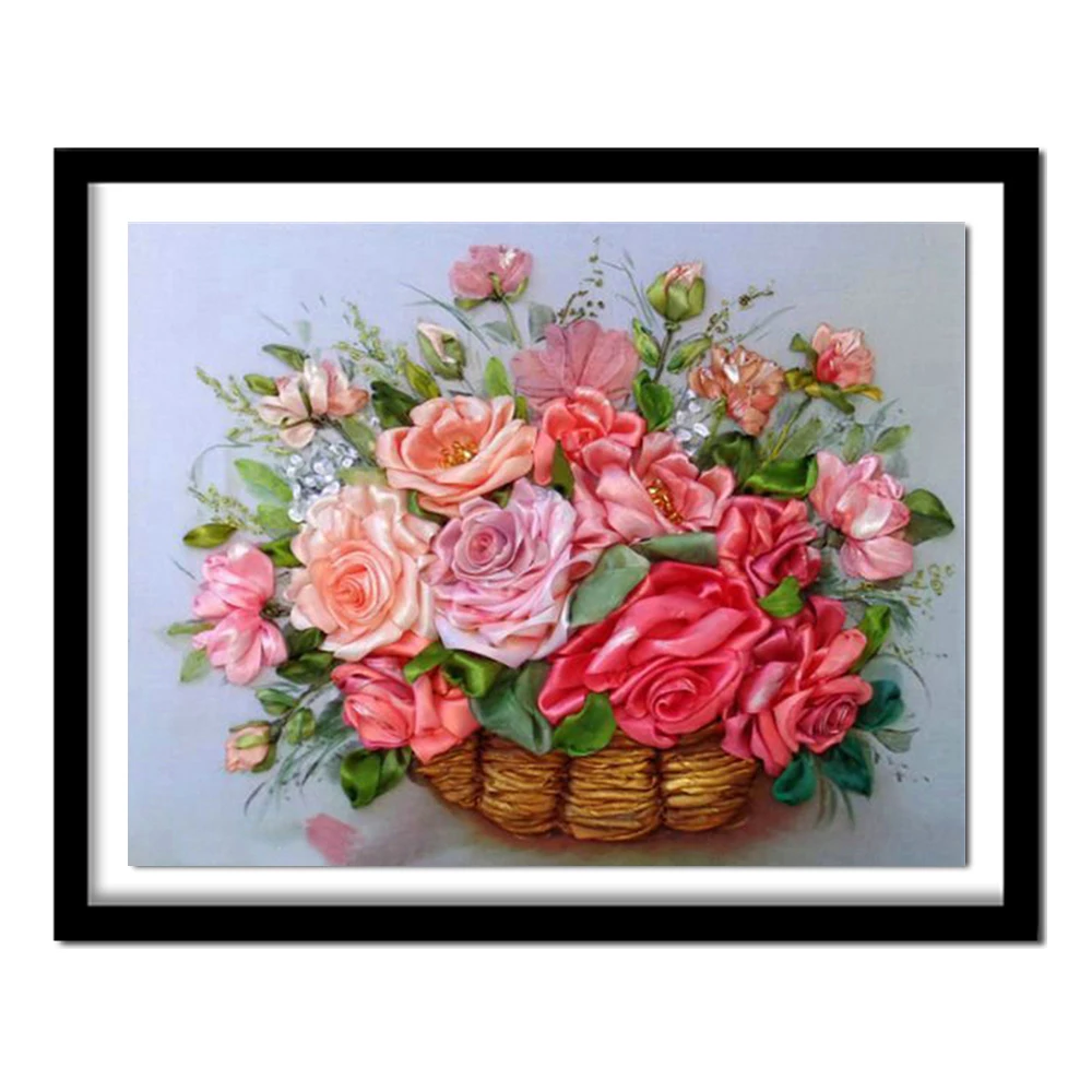 3D DIY Diamond Painting Cross Stitch Kits Basket of Rose Ribbon Picture of Rhinestone Diamond Embroidery Flowers Diamond