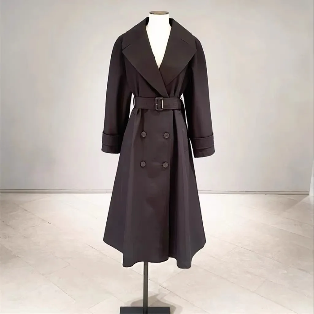 

Elegant Long Waist-Cinched Double-Breasted Lapel Coat Lemon Cheese MIC26 Spring Fashionable Women's Straight Cut Windbreaker