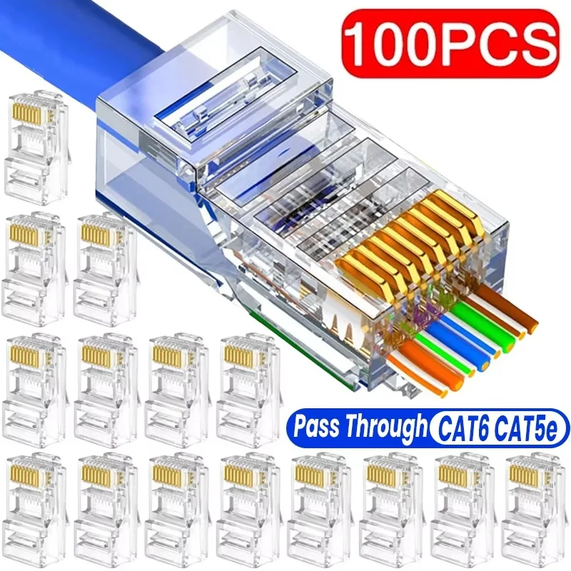 100Pcs/Lot Pass Through RJ45 Cat7/Cat6/Cat5 Perforated Crystal Head Connectors Crystal End 8P8C Crimp UTP Ethernet Modular Plug