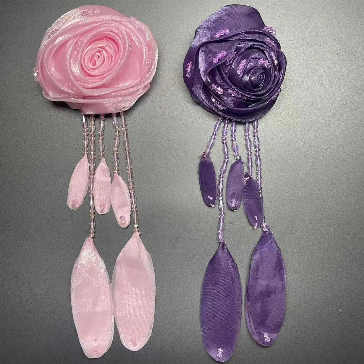 Exquisite satin beaded tassel 3D flower corsage wedding dress accessories fabric patch