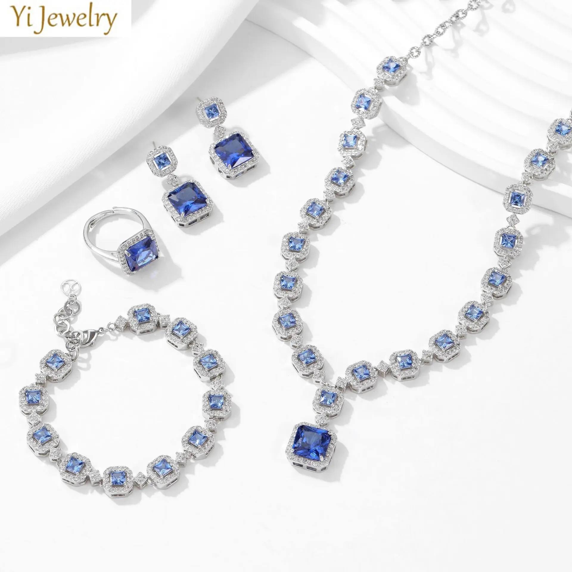 

women jewelry sets elegant blue purple square pendant silver color zircon wedding evening party necklace bracelet earrings ring