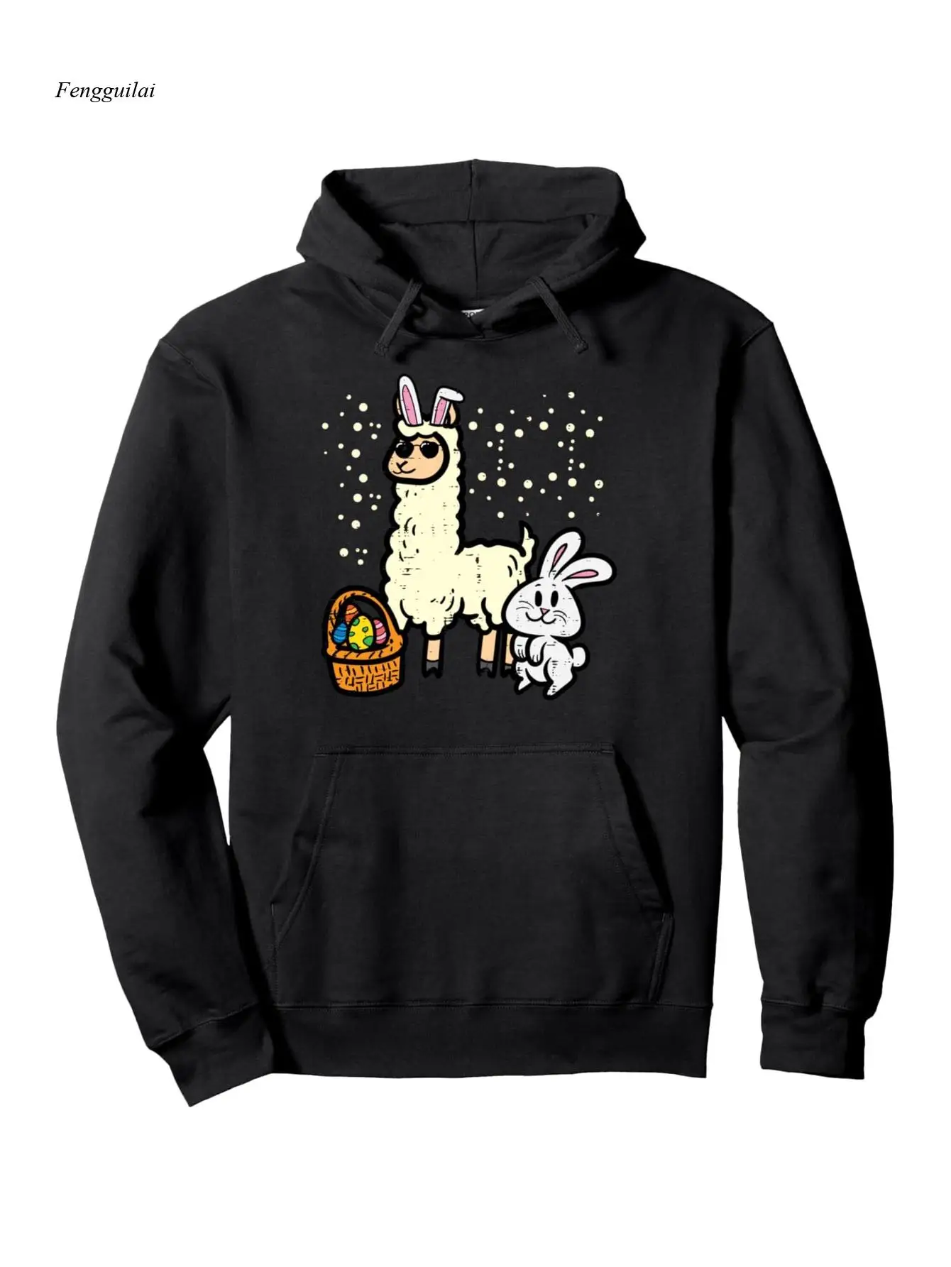 Easter Bunny & Llama Print Hooded Sweatshirt - Lightweight Pullover Hoodie with Alpaca & Chicks Design