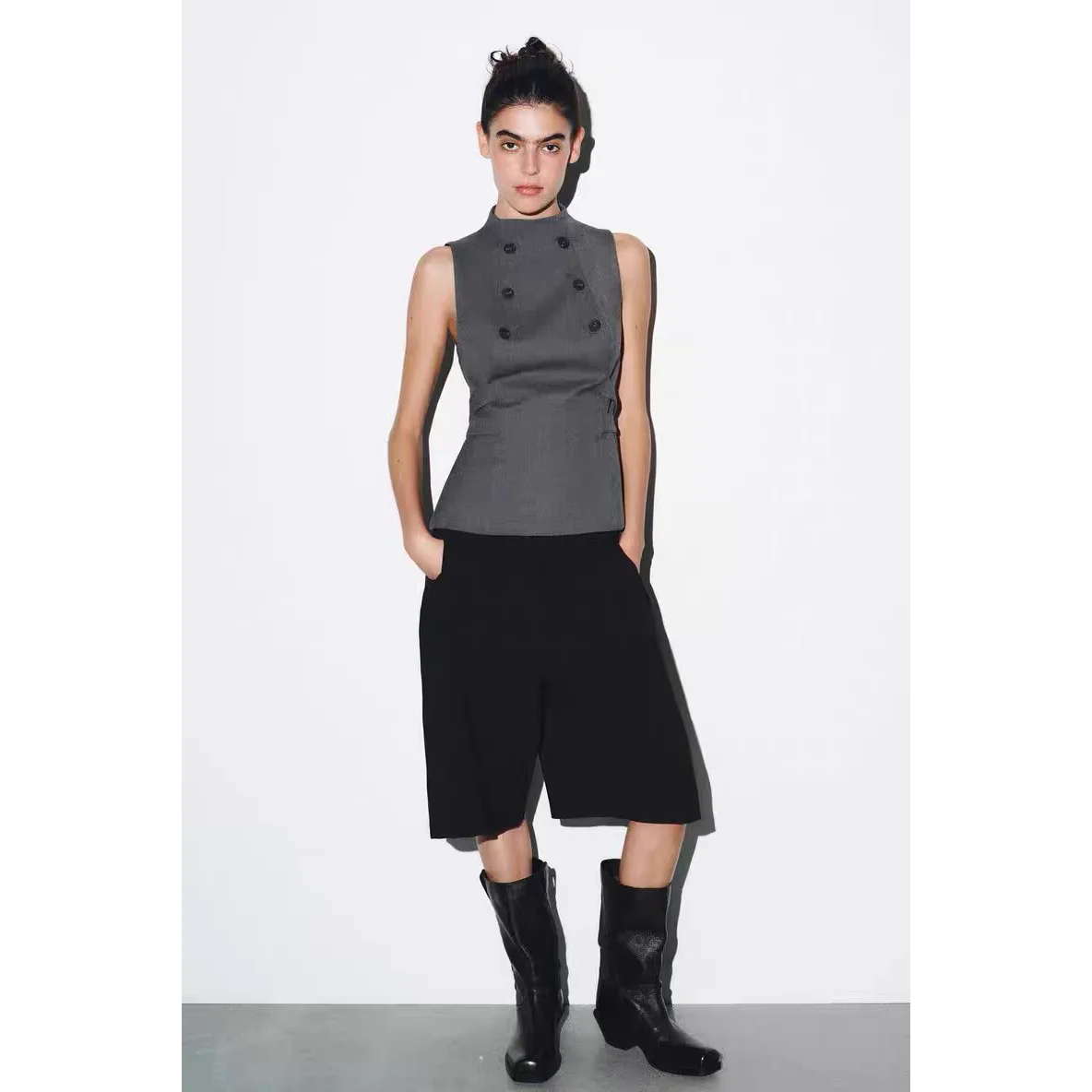 Fashionable Button-Up Half-High Collar Vest Women's Slim Fit Polyester Fiber Outerwear Regular Length Casual Style