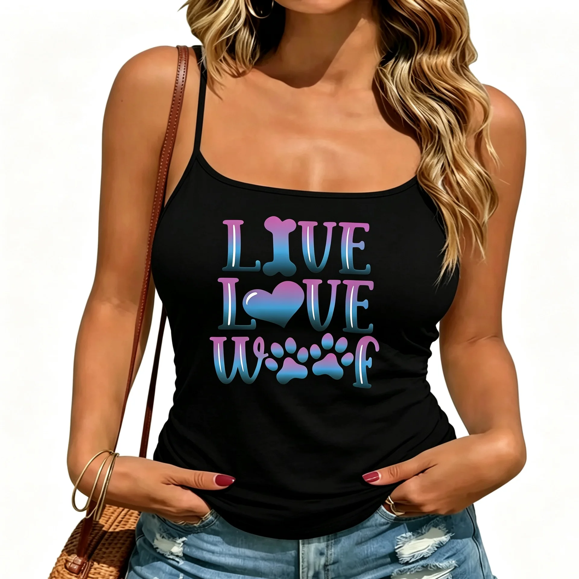 Cute Puppy Paw Illustration Camisole Women Live Love Woof Slogan Tank Top Summer Fresh Sleeveless Vest Trendy Fashion Shirt