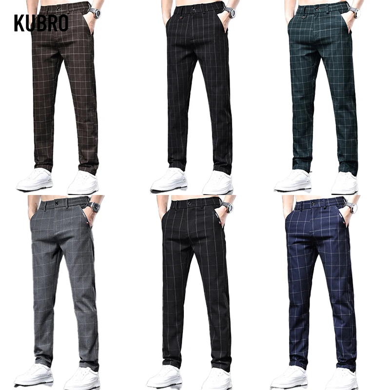 

KUBRO Korean Fashion Men's Office Lyocell Ice Silk Trousers Summer Thin Soft Versatile Plaid Slim Straight Business Casual Pants