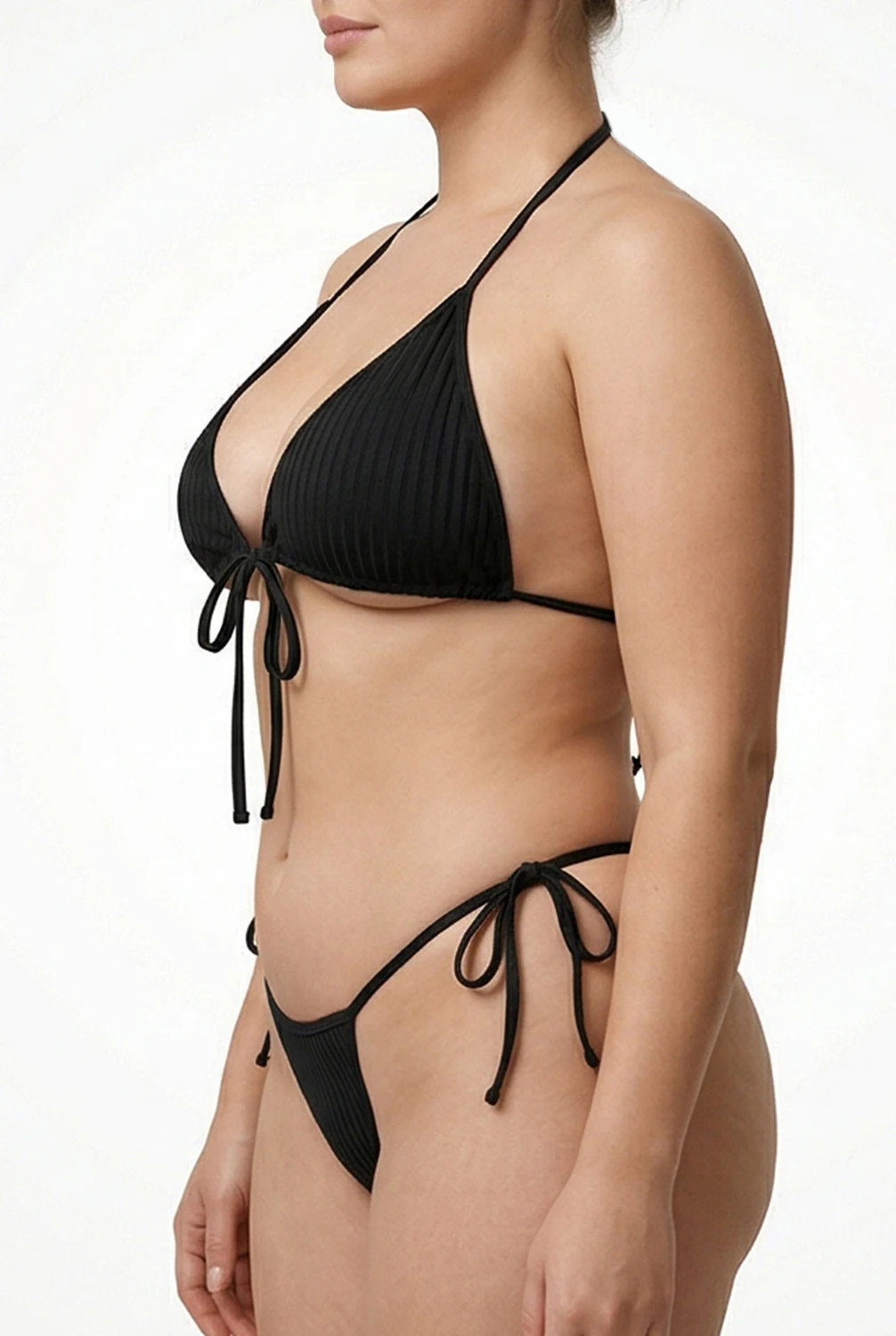 Plus Size Halter Bikini Set Women Solid Black Ribbed String Tie Two Piece Swimsuit Brazilian Thong Swimwear Beachwear for Curvy