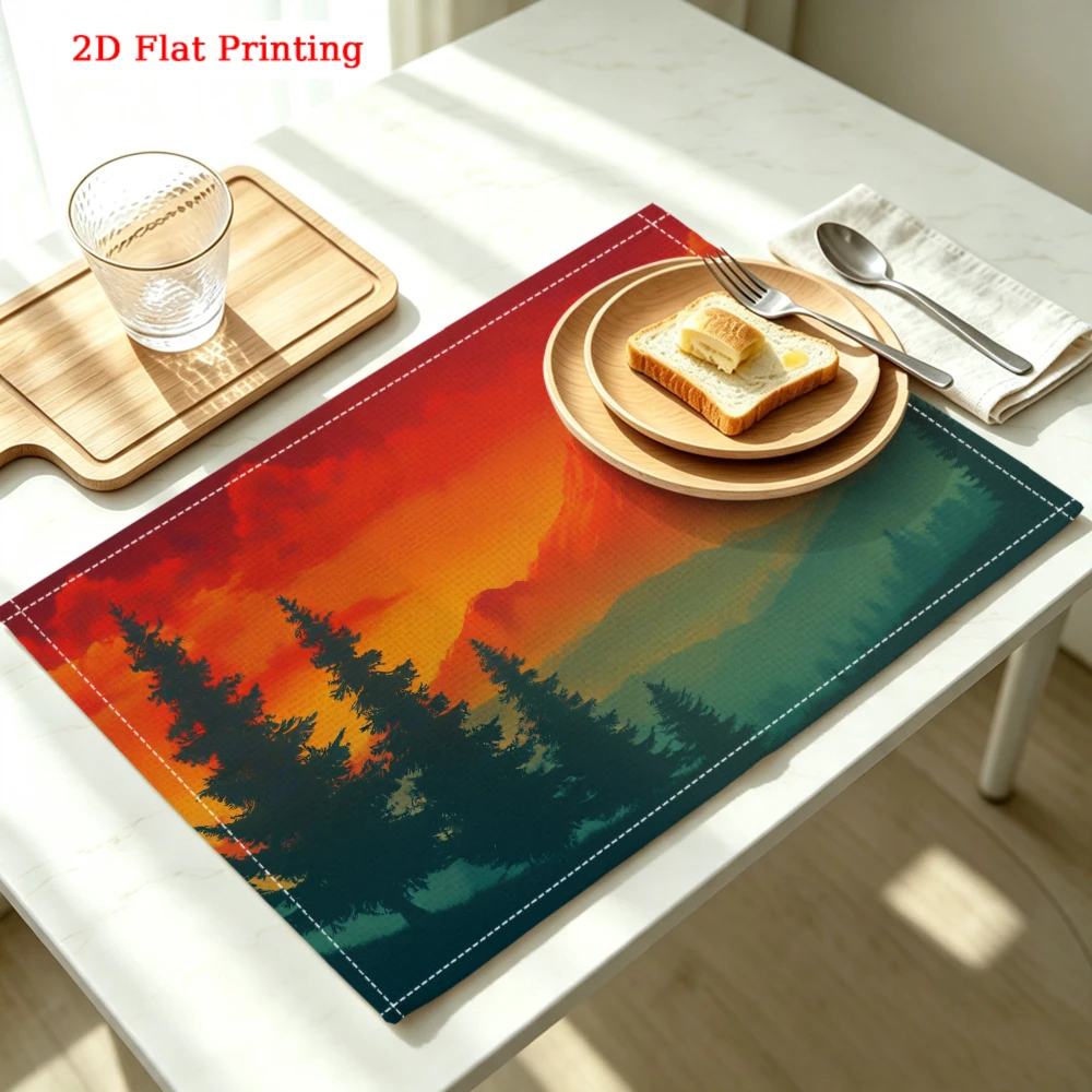 Sunset Mountains And Pine Trees Kitchen Placemat Coaster Linen Pad Dish Coffee Cup Table Mat 30x40cm Home Decor