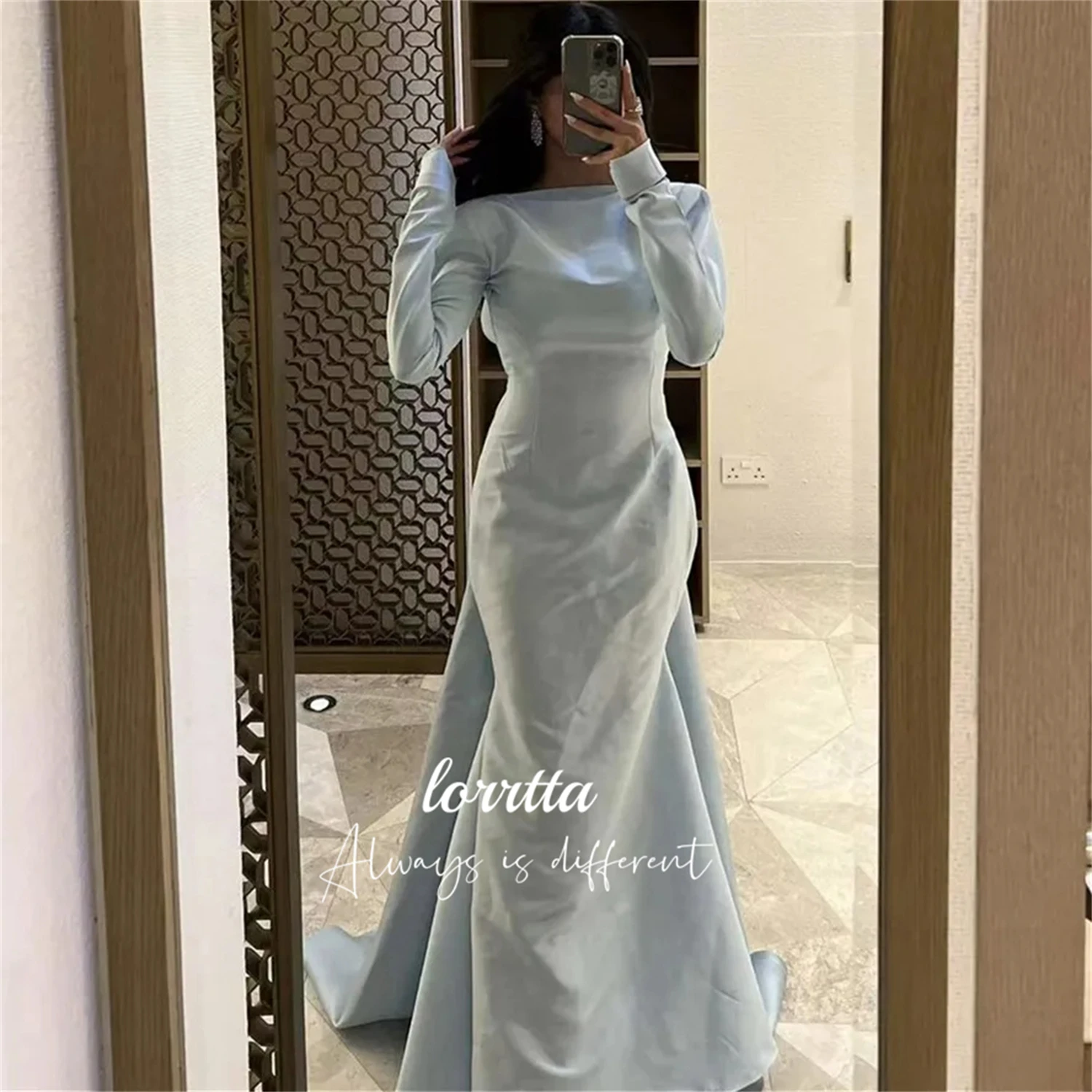 

Lorrtta Satin Mermaid Sky Blue Party Dress Long Sleeves Ball Gown Grace Eid Al-fitr Dresses Gala Sharon Happy Evening Weddings