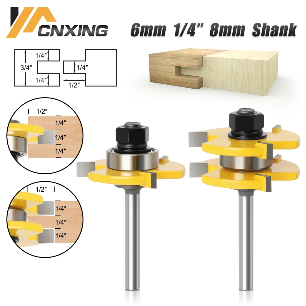 

2Pcs 8mm Shank Tongue & Groove T-Slot Milling Cutter Joint Assemble Router Bits for Flooring Panel Wood Cutting Tools 6mm/6.35mm