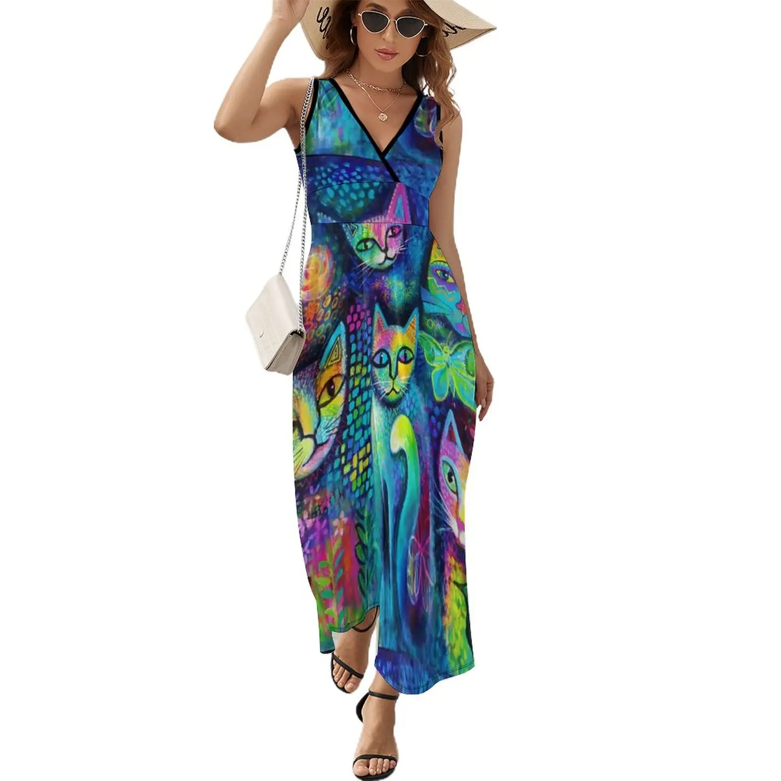 Colorful Cat Magicats Dress Abstract Art Streetwear V Neck Beach Long Dresses Summer Sexy Maxi Dress High Waist Print Vestido