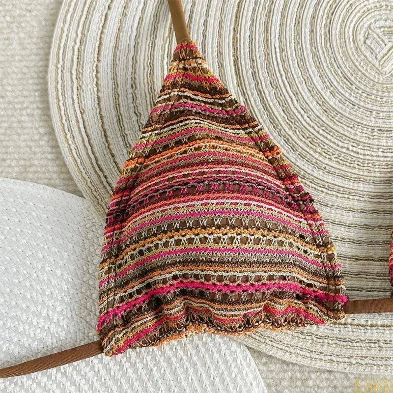 

E56D Women Halterneck Knitted Swimsuit with Beach Shorts Triangular Padded Swimwears