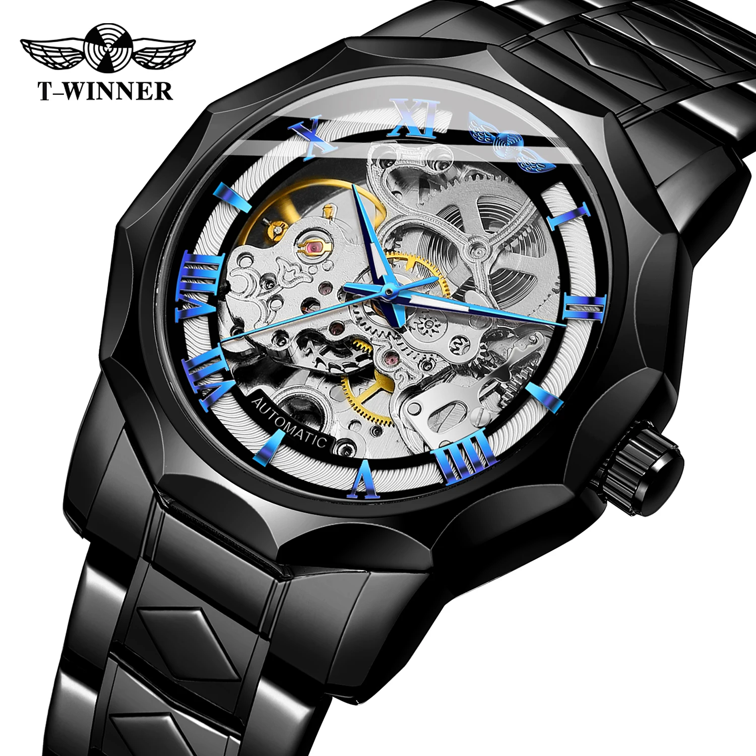 

WINNER Classic Mechanical Watches Luxury Roman scale Skeleton Automatic Mens Watch Stainless Steel Strap Wristwatch Male Clock