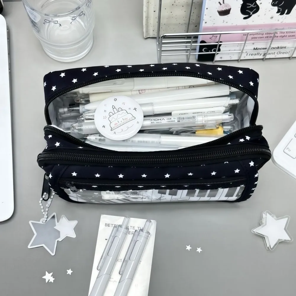 Star Piano Keyboard Print Pencil Case Large Capacity Multi-Layer Pencil Pouch With Clear Window Stationery Pouch Gift
