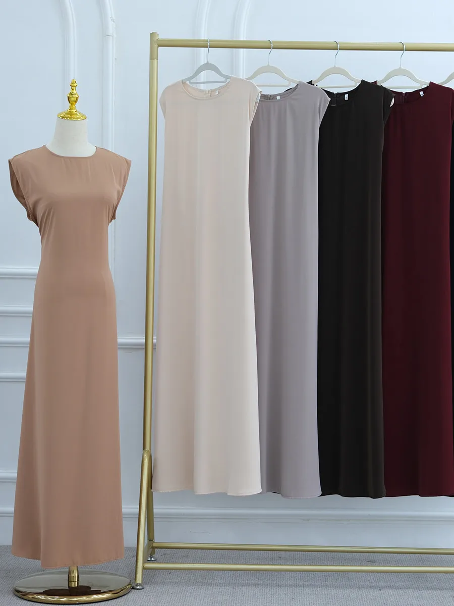 Muslim Women Arabic Dubai Abaya Solid Color Inner Long Dress Stretch Waist Belt Modest Ramadan Robe Kaftan Femme Islam Clothing